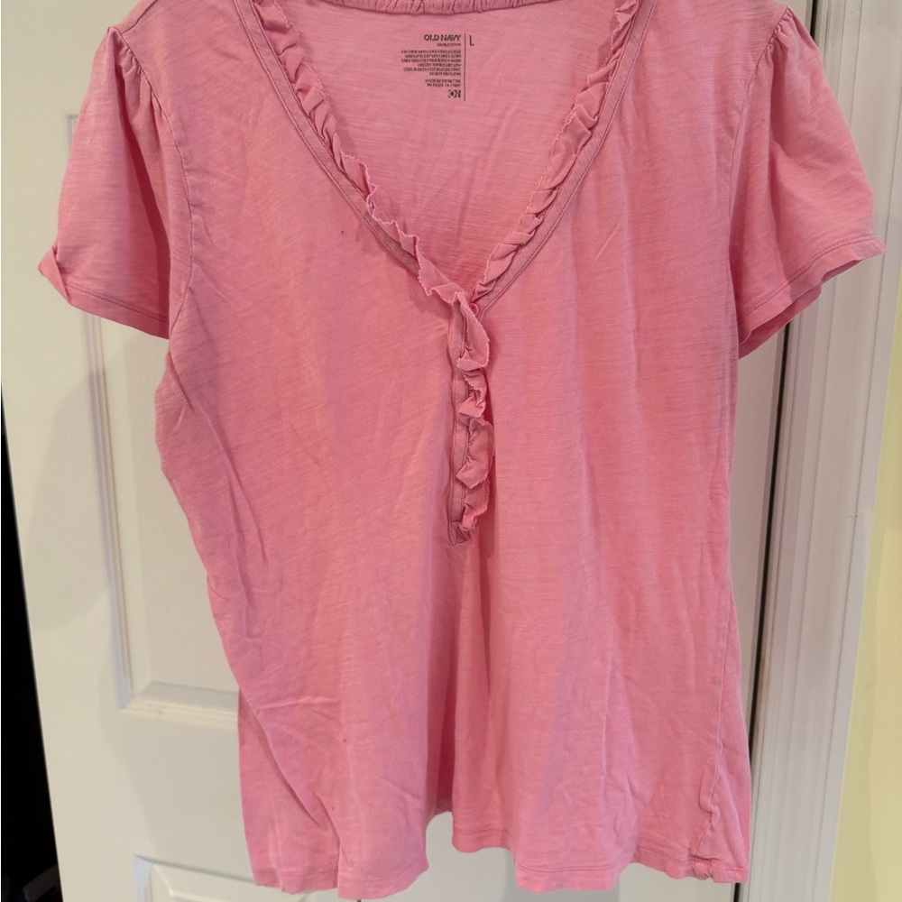 Old Navy-Ruffled V Neck T-Shirt, Pink, Size L